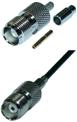 TNC female crimp connector for RG174A/U miniature coaxial cable, DC-11 GHz, 50 Ohms – nickel plated